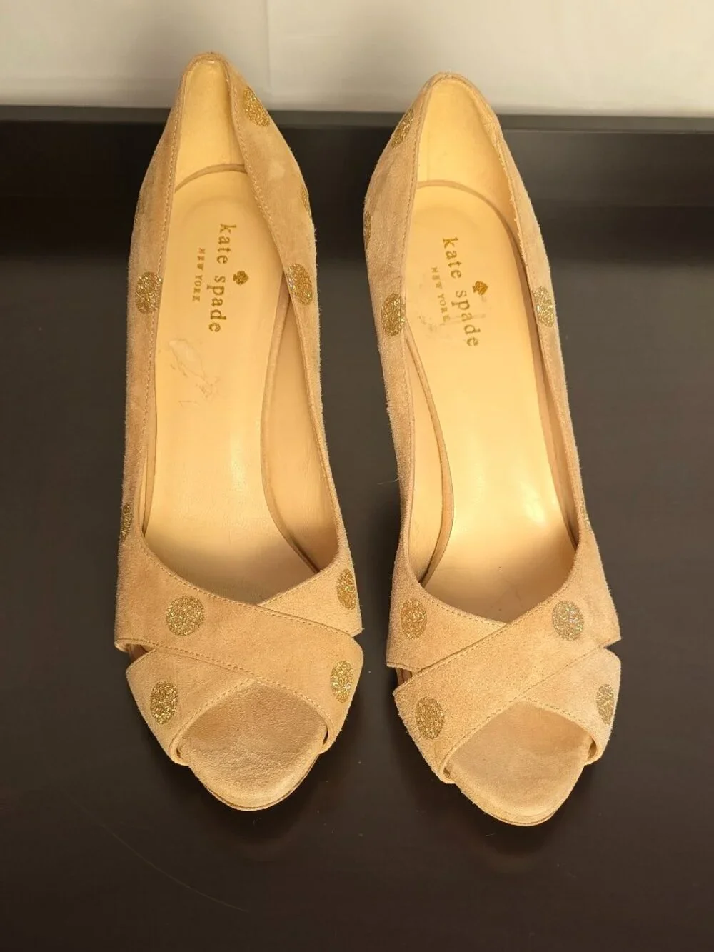 Kate Spade Billie Tan/Beige Glitter Polka Dot Suede Peep Toe Pumps Size 8.5